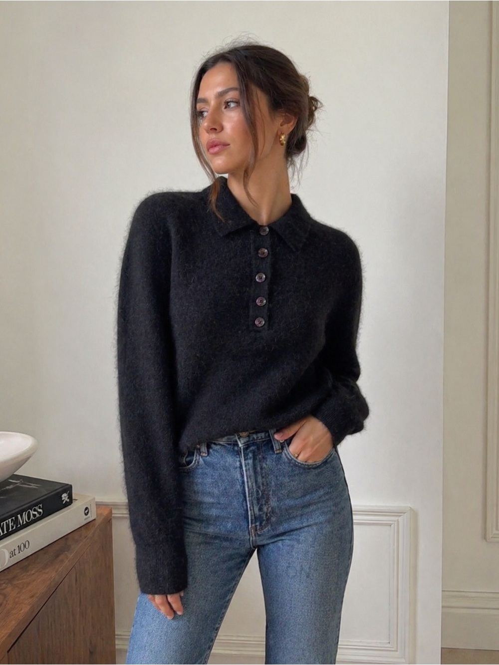 Donald J Pliner Angora Wool Sweater Made in Italy Black Fuzzy Collared
